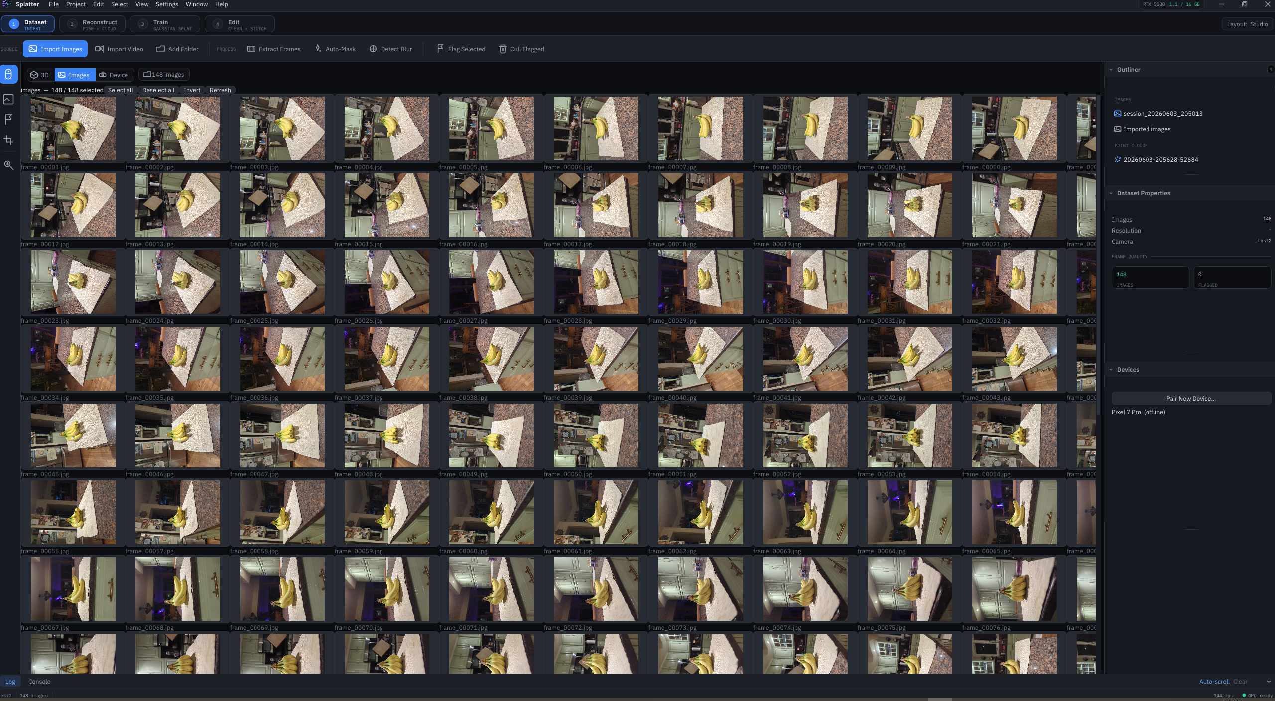Dataset stage: 148 imported capture frames in a contact sheet