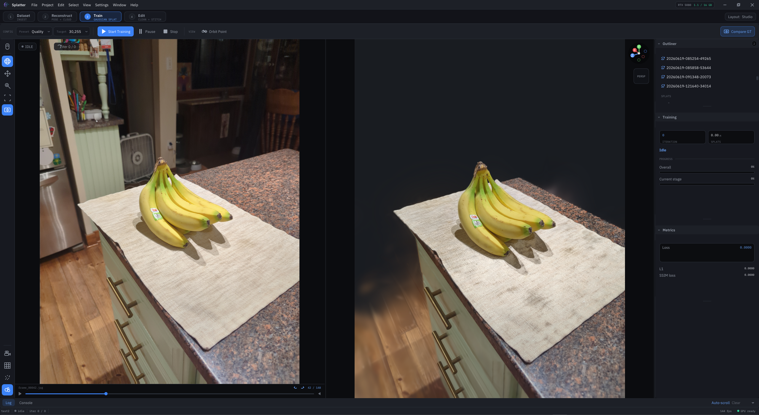 Training: rendered splat compared to ground truth